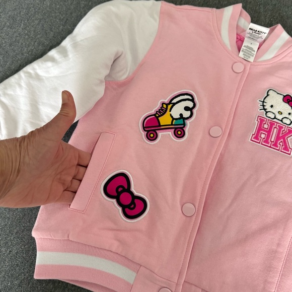 NWT Hello Kitty French Terry Varsity Bomber Jacket (pink/white) Girls size 5 - Picture 5 of 11